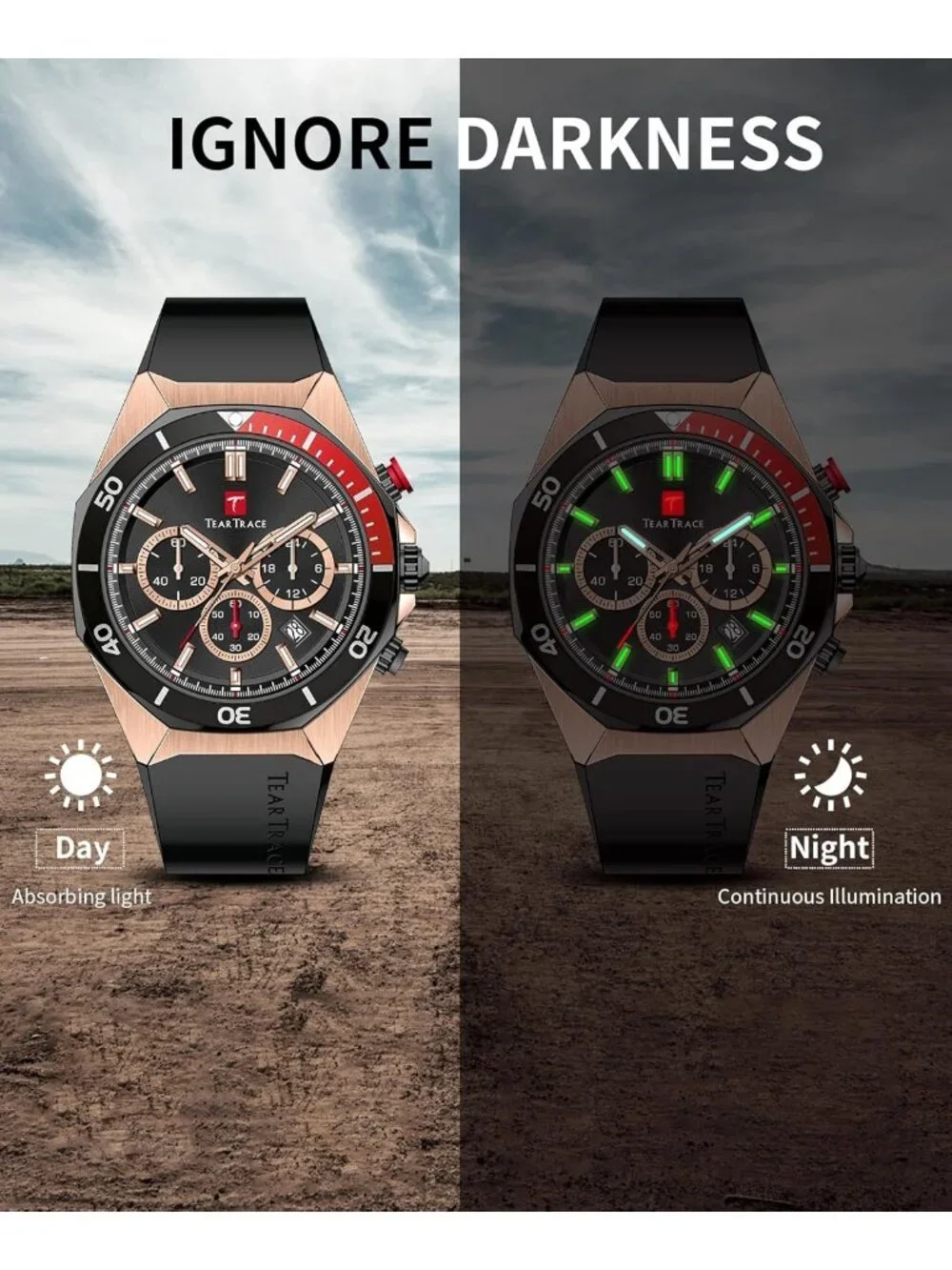 Men's Rose Gold Analog Quartz Silicone Strap Chronograph Waterproof Luxury Watch